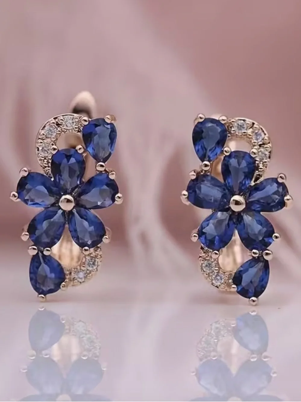 Elegant Plated Blue Crystal Flower Earrings.